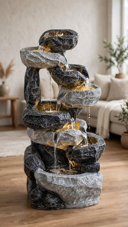Stacked Stone Fountain with LED Light | Indoor Outdoor Polyresin Water Feature