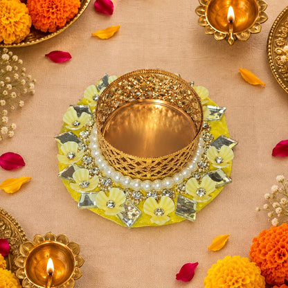 Mirror & Bead Diwali Diya Tea Light Holder: Indian Pooja Decoration