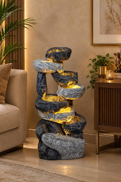 Stacked Stone Fountain with LED Light | Indoor Outdoor Polyresin Water Feature