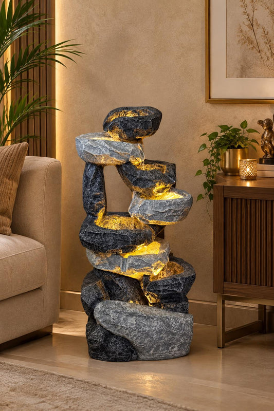 Stacked stone waterfall fountain with LED lighting