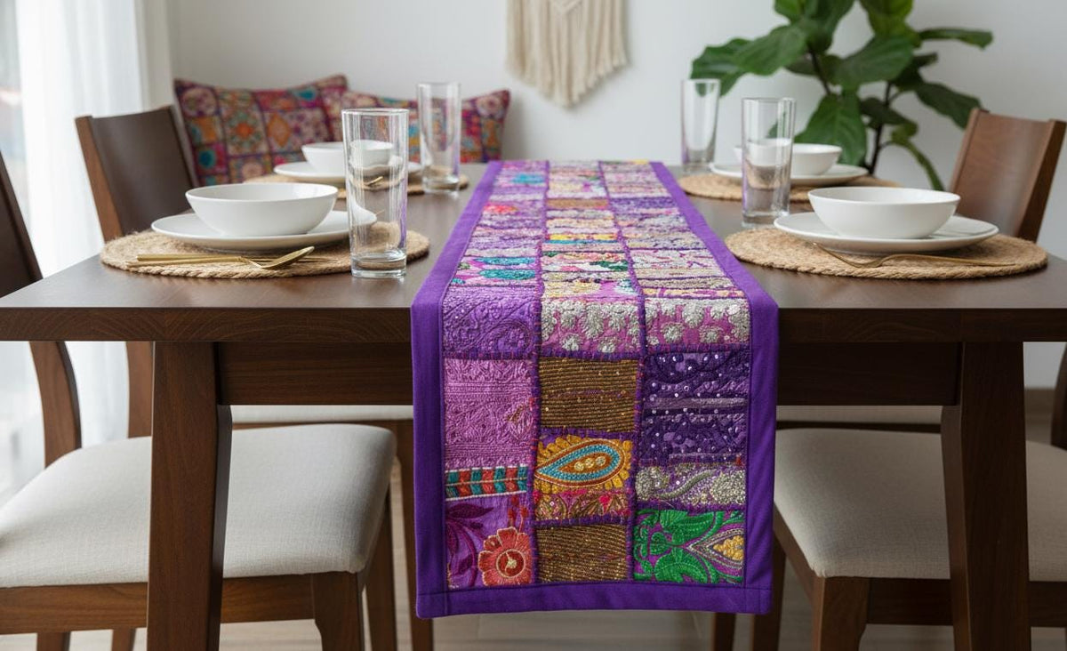 Indian Tapestry wall hanging Embroidered Table Runner: Vintage Patchwork , Boho Decor (60 X20 IN) - KRIDHA DECOR
