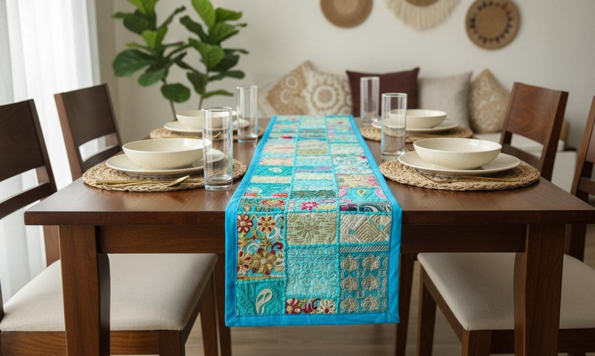 Indian Tapestry wall hanging Embroidered Table Runner: Vintage Patchwork , Boho Decor (60 X20 IN) - KRIDHA DECOR