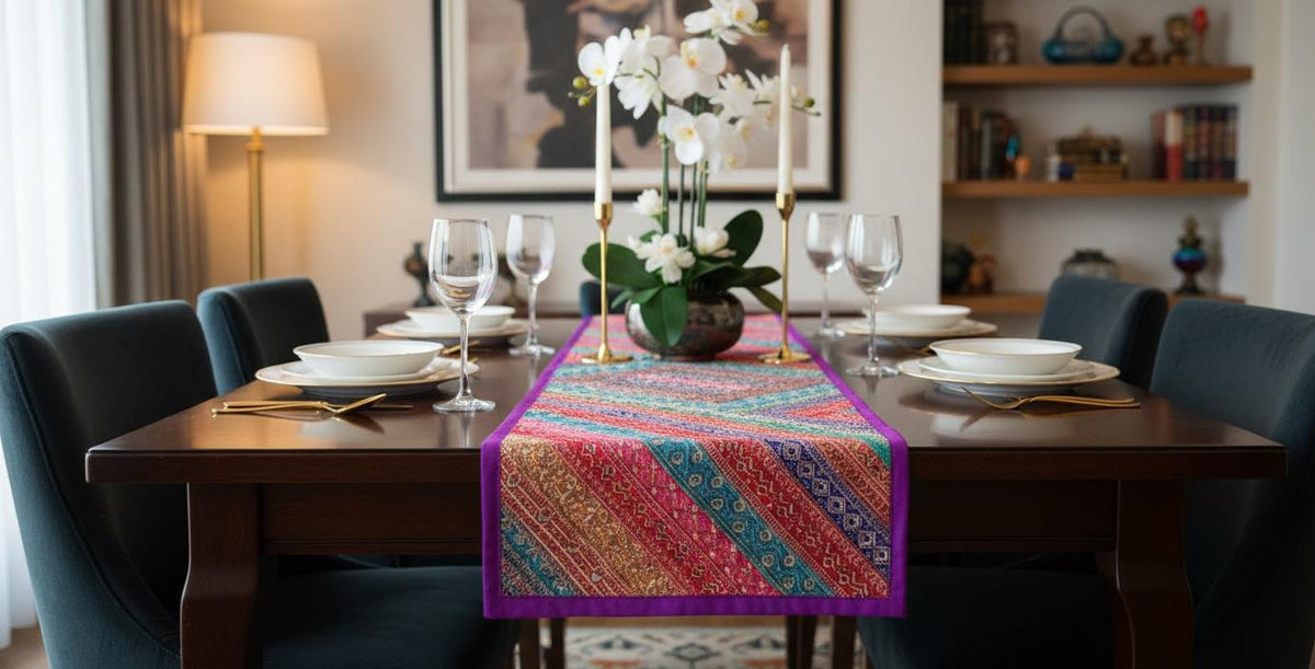 Indian Tapestry wall hanging Embroidered Table Runner: Vintage Patchwork , Boho Decor (60 X20 IN) - KRIDHA DECOR