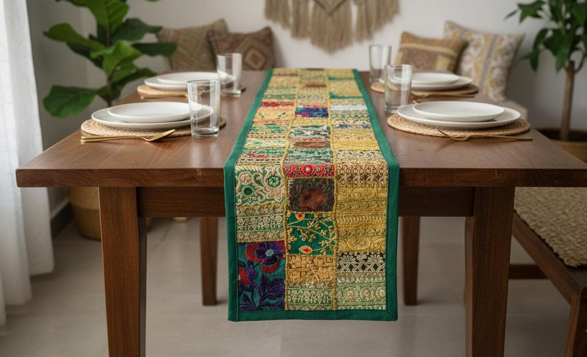 Indian Tapestry wall hanging Embroidered Table Runner: Vintage Patchwork , Boho Decor (60 X20 IN) - KRIDHA DECOR