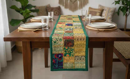 Indian Tapestry wall hanging Embroidered Table Runner: Vintage Patchwork , Boho Decor (60 X20 IN) - KRIDHA DECOR