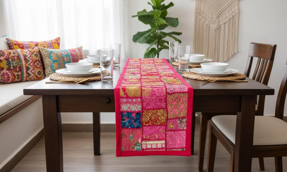 Indian Tapestry wall hanging Embroidered Table Runner: Vintage Patchwork , Boho Decor (60 X20 IN) - KRIDHA DECOR