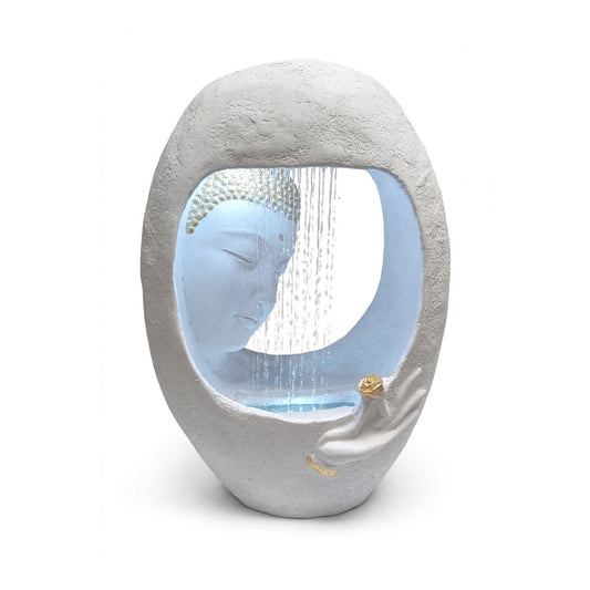 Indoor white resin Buddha water fountain with oval stone ring and falling water, 90 x 65 x 65 cm, on white background