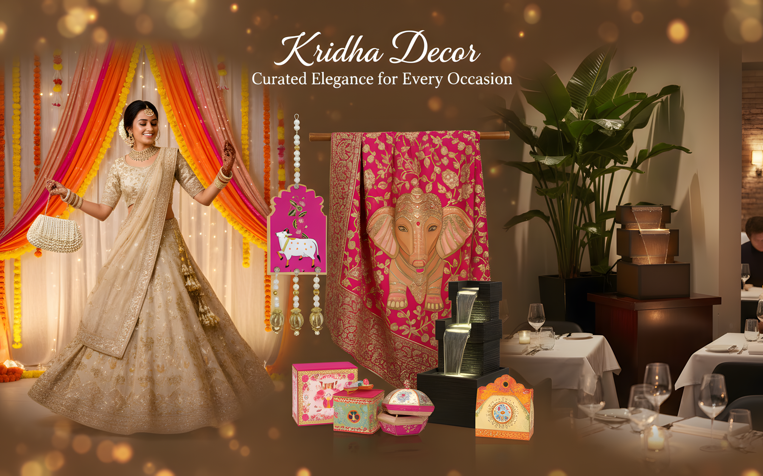 Decorative items with a woman in a saree in a decorated room, featuring 'Kridha Decor' branding.