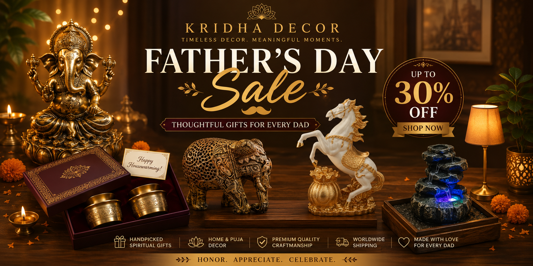 Advertisement for Kritha Decor Father's Day Sale with decorative items on a wooden table.