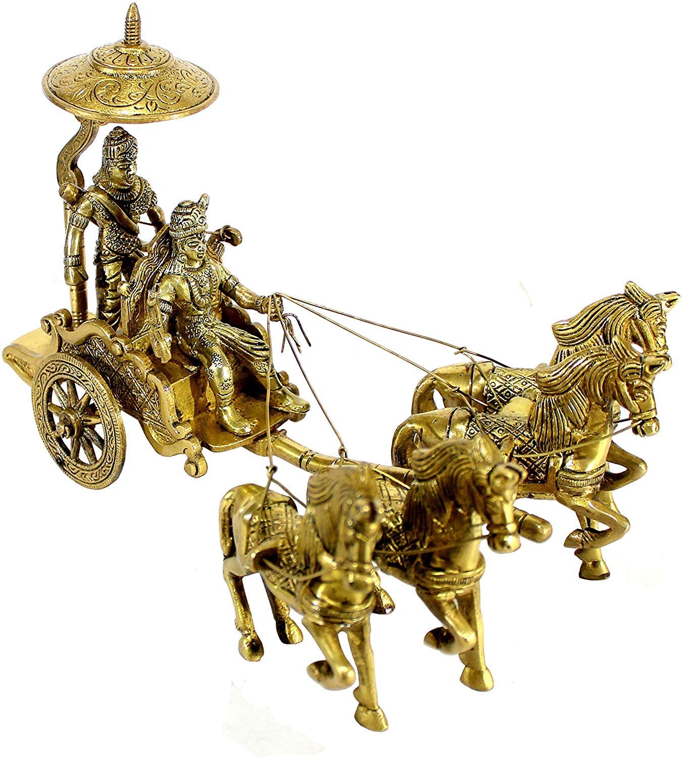 Krishna Arjuna Rath Chariot with 4 Horses Brass Showpiece - KRIDHA DECOR