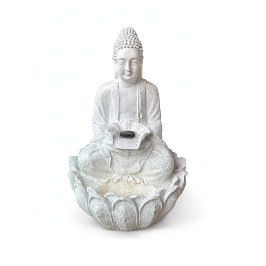 Large Buddha waterfall fountain on lotus base, white, 65 x 65 x 90 cm, on white background