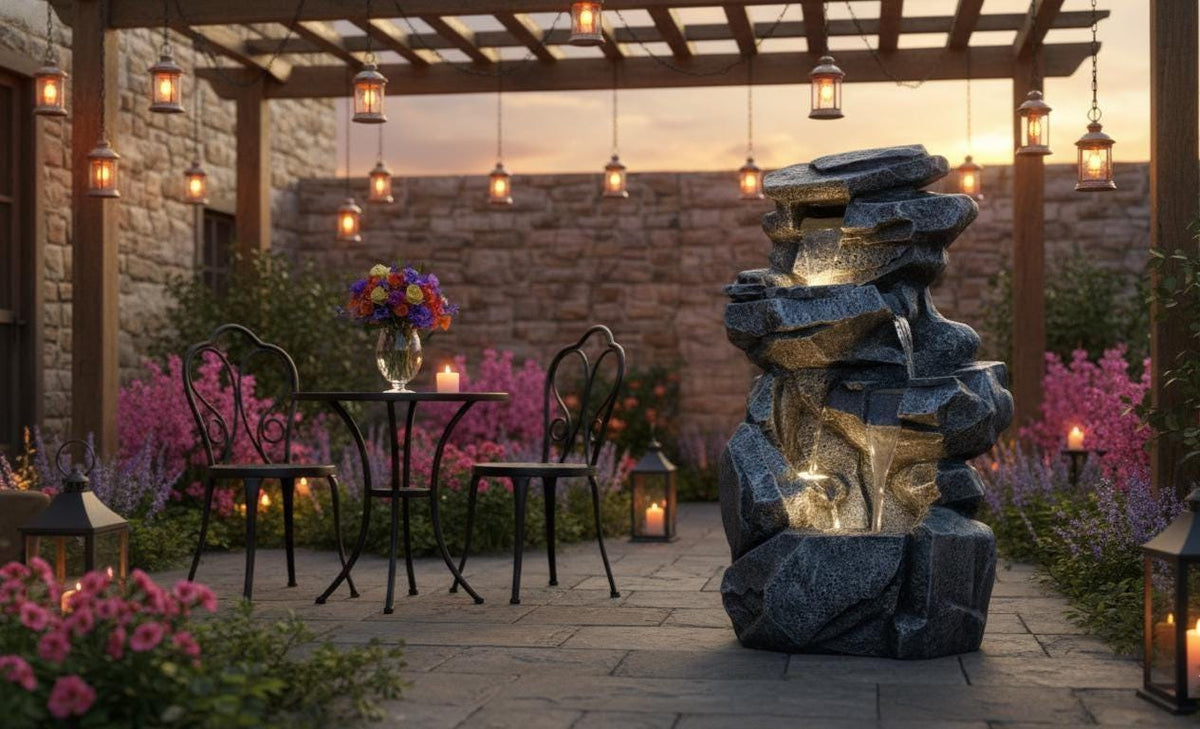 Large Indoor Outdoor Patio Garden Water Fountain : Poly Resin Rock Waterfall Feature - KRIDHA DECOR