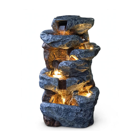 Large indoor rock waterfall fountain with LED lights, on white background