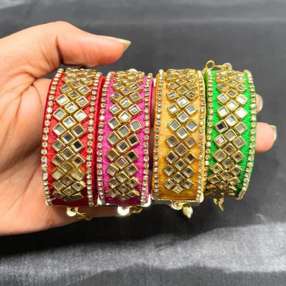 Silk Thread Mirror Bangles | Traditional Elegance for Festive Wear Wedding Haldi Pre Wedding Ceremonies ( 1 Pair )