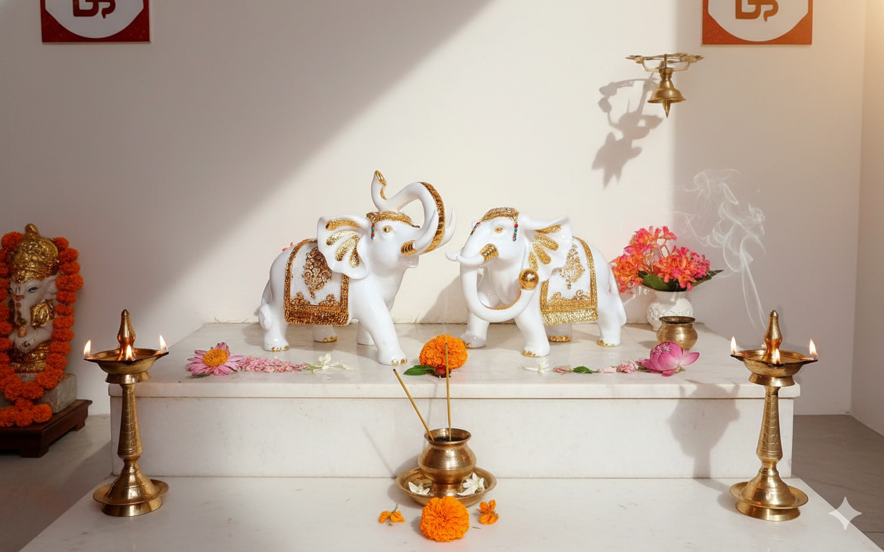 Elephant Figurines White Gold Elephant Statue Pair, Lucky Trunk Home Decor, Indian Gift