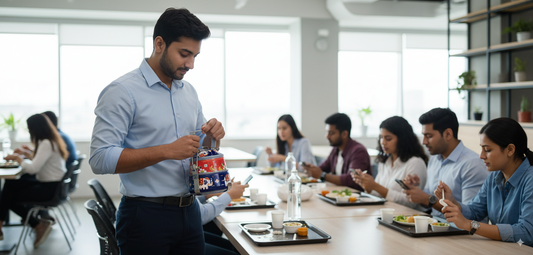 Man in a modern office setting with colleagues at a table, holding a bag with a design.