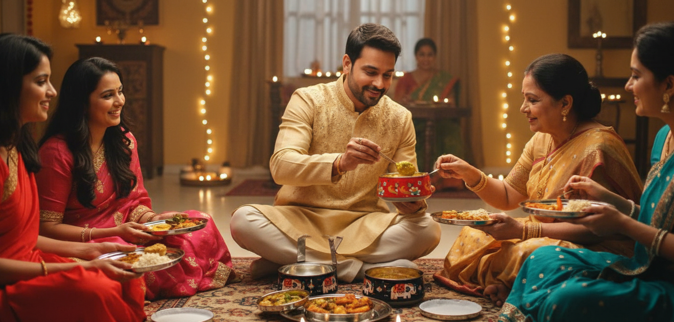 Family celebrating a traditional ceremony with food and decorations.
