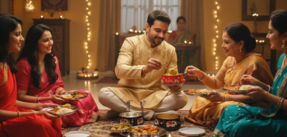 Family celebrating a traditional ceremony with food and decorations.