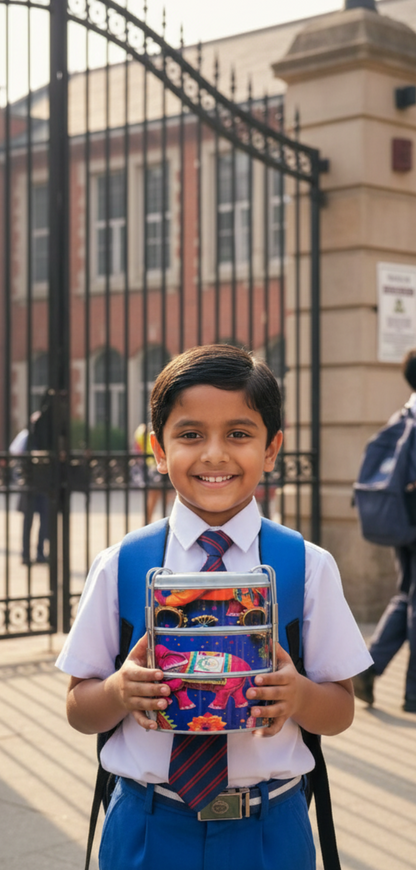 Young boy in school uniform holding books in front of a school gate.