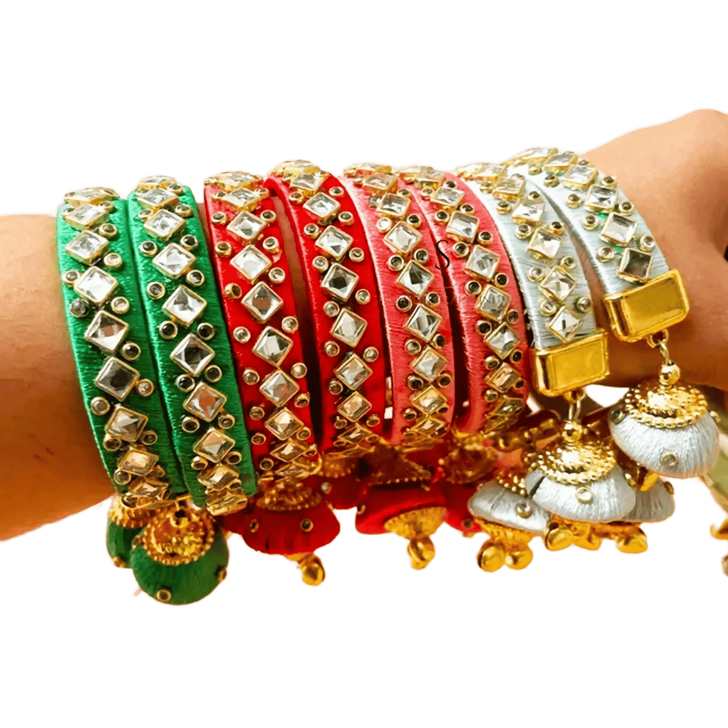 Multi Colour Indian Silk Kundan Threaded Bangles Threaded Tilak & Floral Pattern for Wedding Haldi Pre Wedding Ceremonies ( 1 Pair ) - KRIDHA DECOR