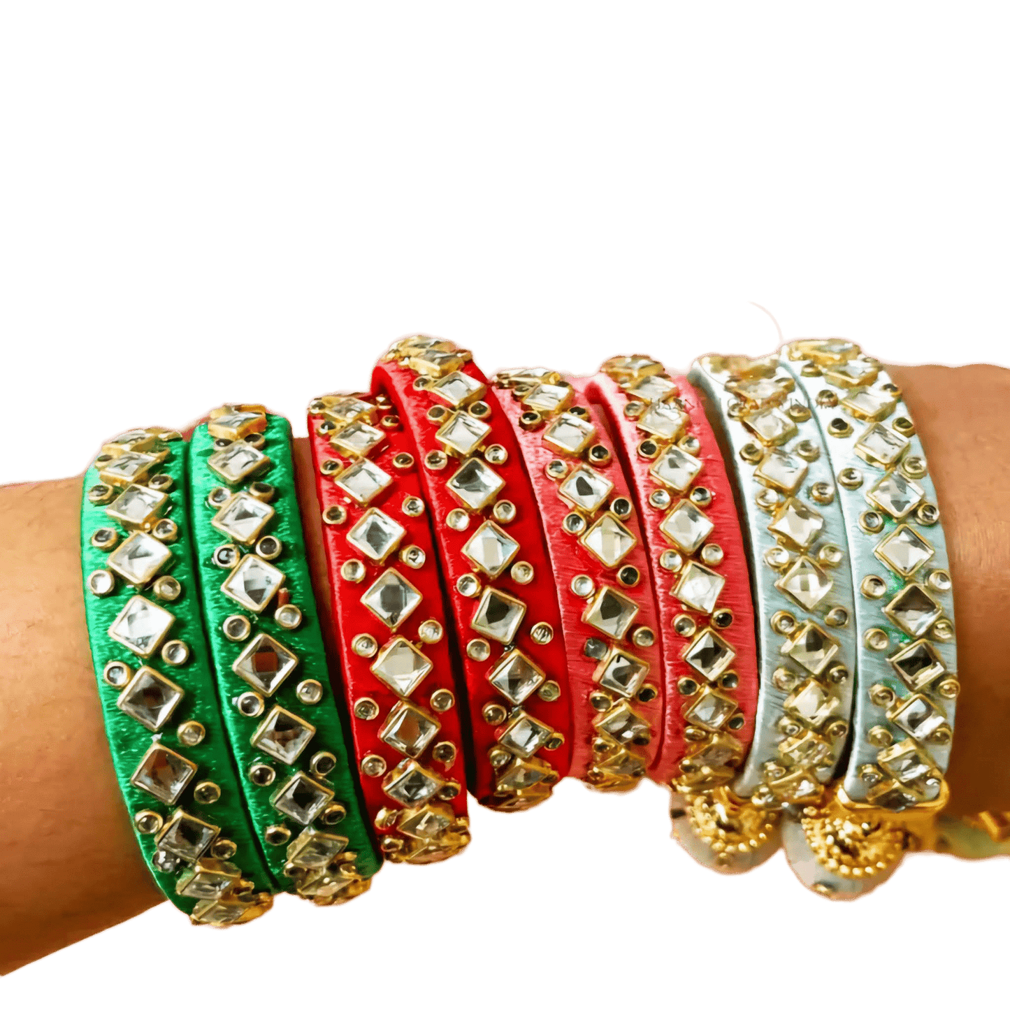 Multi Colour Indian Silk Kundan Threaded Bangles Threaded Tilak & Floral Pattern for Wedding Haldi Pre Wedding Ceremonies ( 1 Pair ) - KRIDHA DECOR