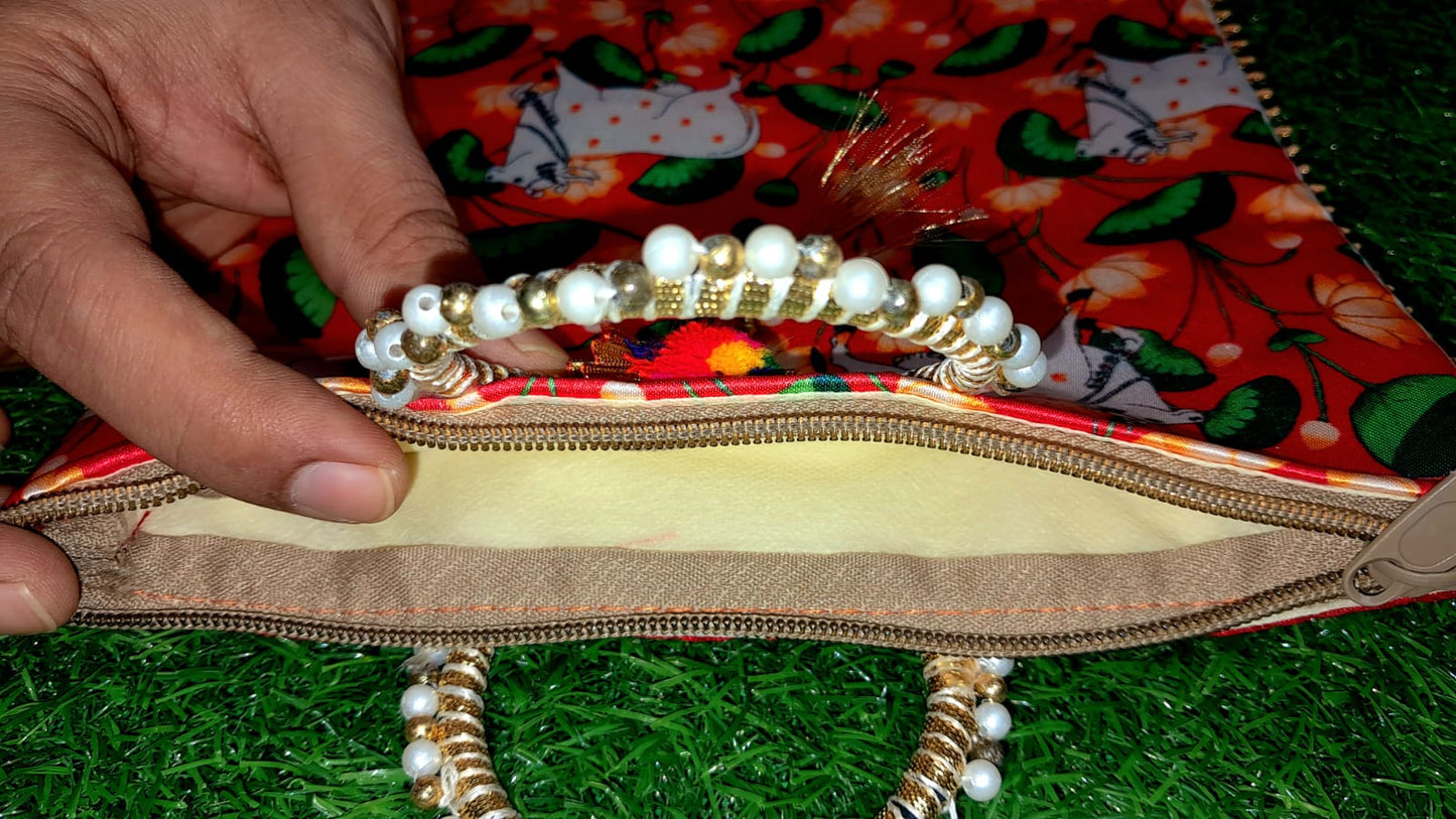 Elegant Red Lotus Cow Motif Handcrafted Pooja Bag | Festive & Spiritual Gift - 30x22 cm