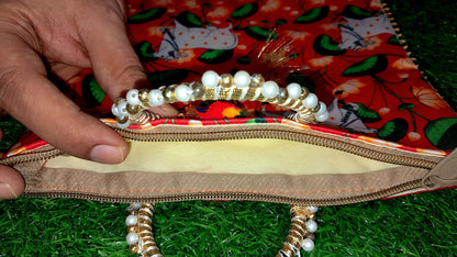 Elegant Red Lotus Cow Motif Handcrafted Pooja Bag | Festive & Spiritual Gift - 30x22 cm