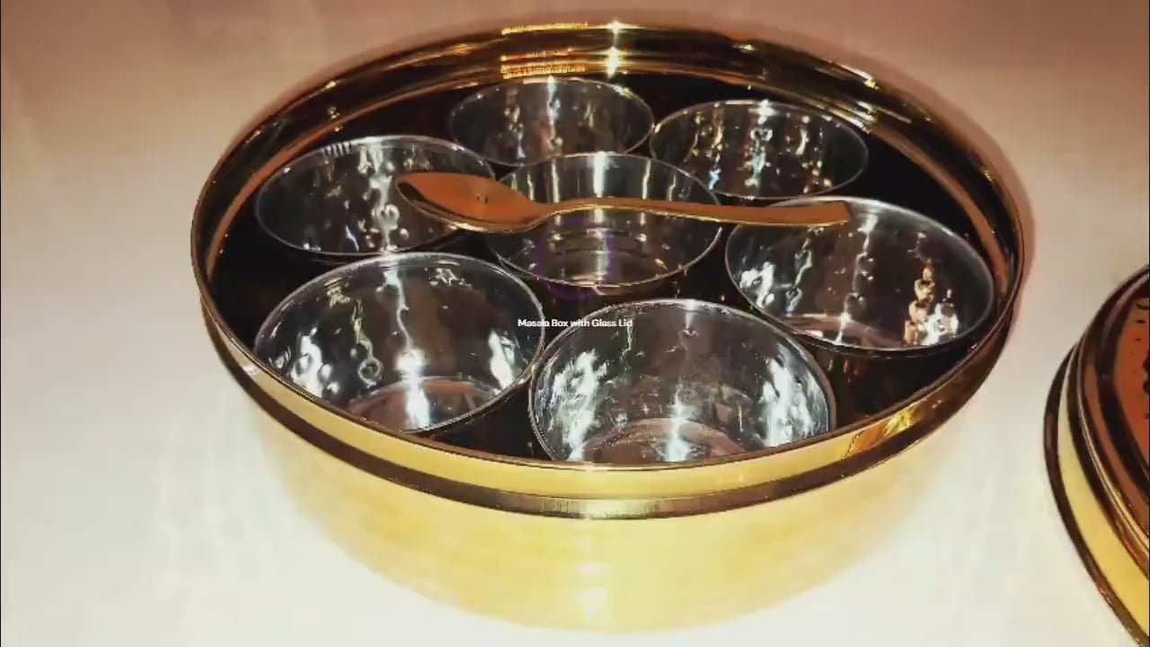 Gold PVD Stainless Steel Masala Dabba: Indian Spice Box with 7 Containers