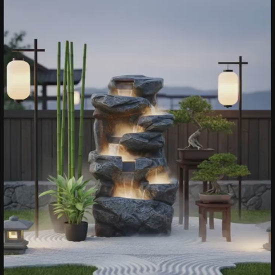 Large Indoor Water Fountain with LEDs: Poly Resin Rock Waterfall Feature