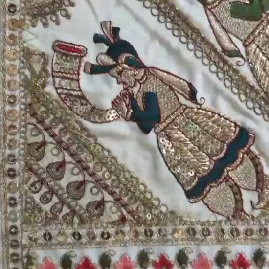 Vintage Gujarati Embroidered Wall Tapestry, Hand-Embroidered Mirror Work Ethnic Decor