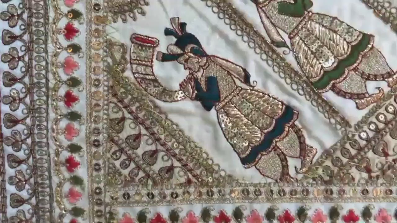 Vintage Gujarati Embroidered Wall Tapestry, Hand-Embroidered Mirror Work Ethnic Decor