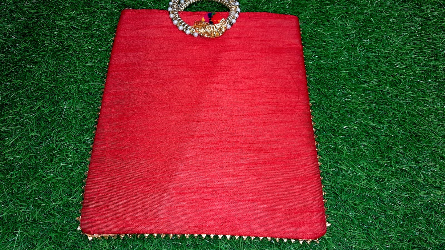 Elegant Red Lotus Cow Motif Handcrafted Pooja Bag | Festive & Spiritual Gift - 30x22 cm