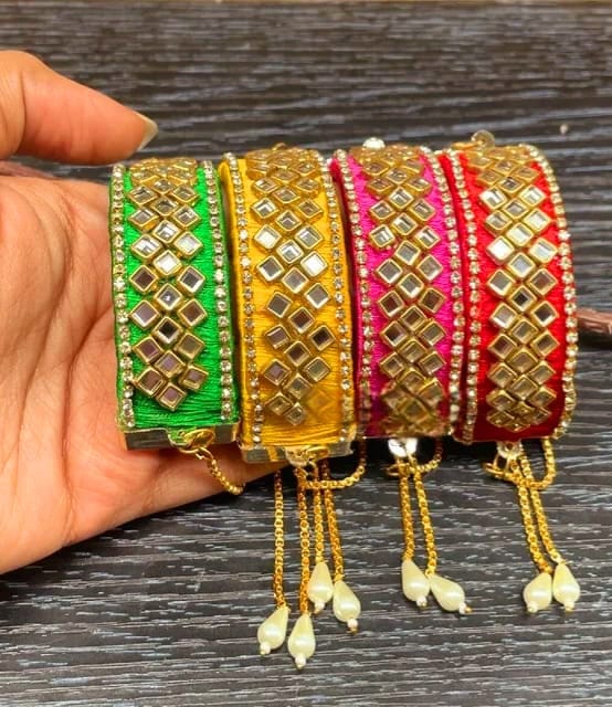 Silk Thread Mirror Bangles | Traditional Elegance for Festive Wear Wedding Haldi Pre Wedding Ceremonies ( 1 Pair ) - KRIDHA DECOR