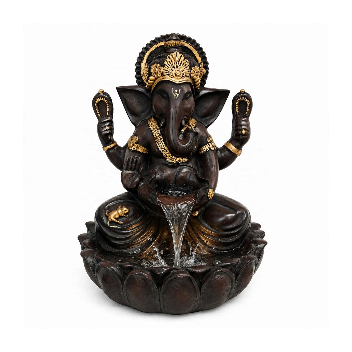 Sitting Ganesh fountain with LED light, 90 cm, wine brown, on white background