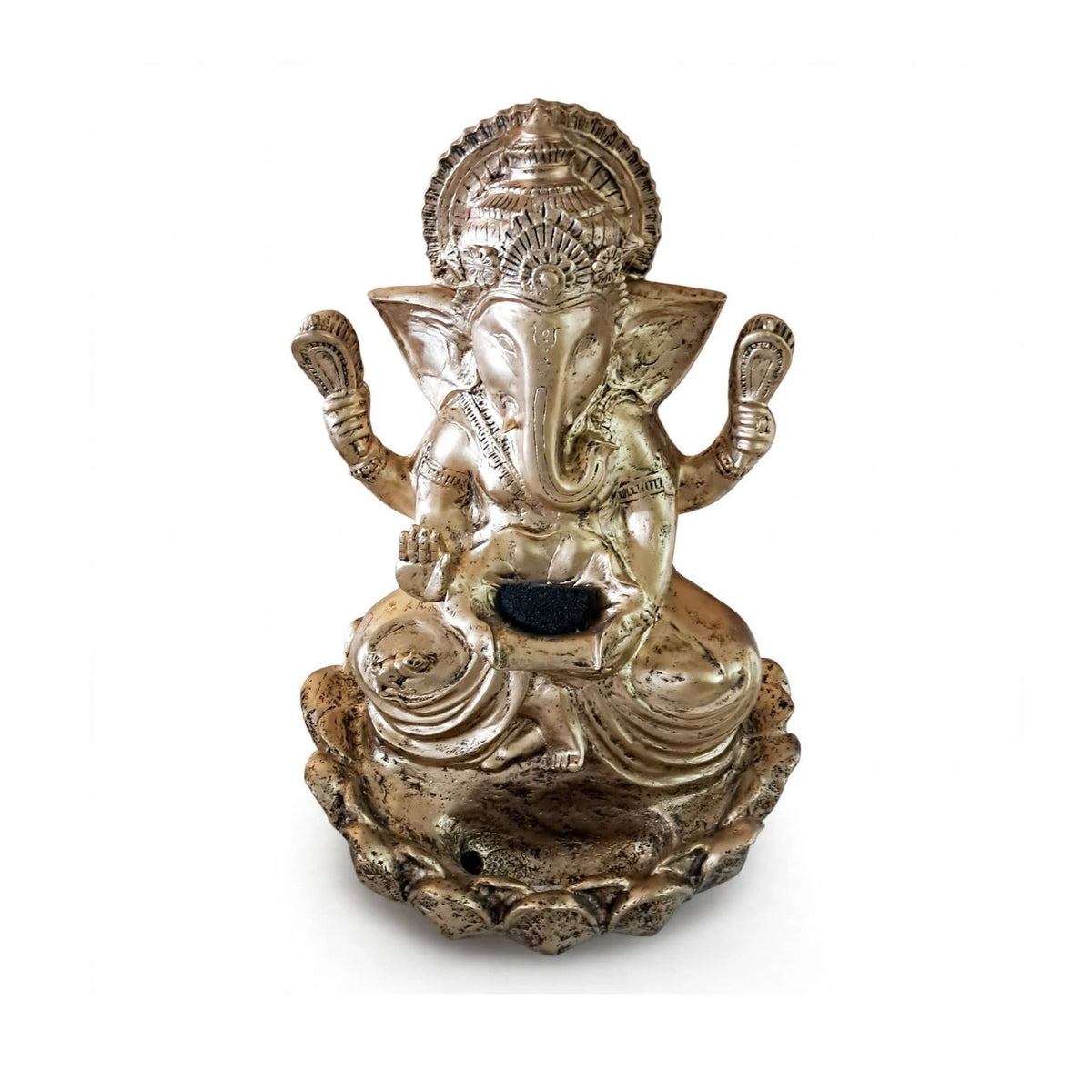 Sitting Ganesh fountain with LED light, antique golden, 90 cm, on white background