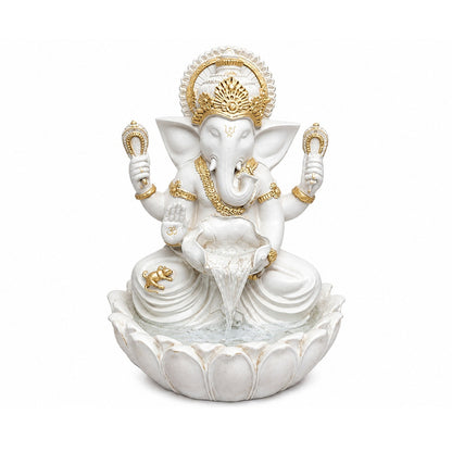 Sitting Ganesh fountain with LED light, white with gold detailing, 90 cm, on white background
