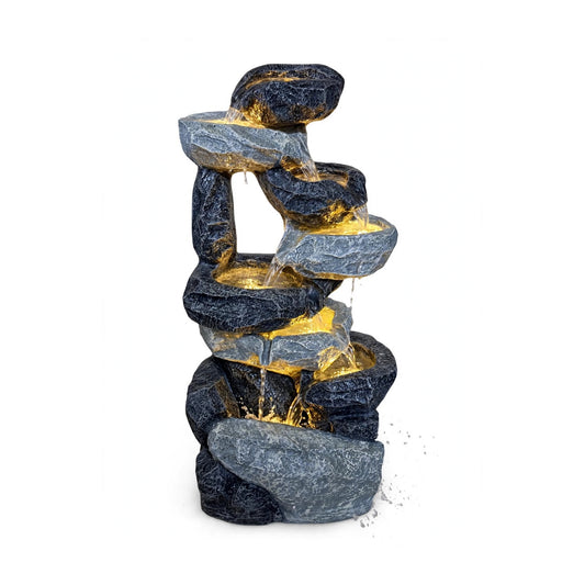 Stacked stone waterfall fountain with LED lights, grey rock finish, 90 cm, on white background