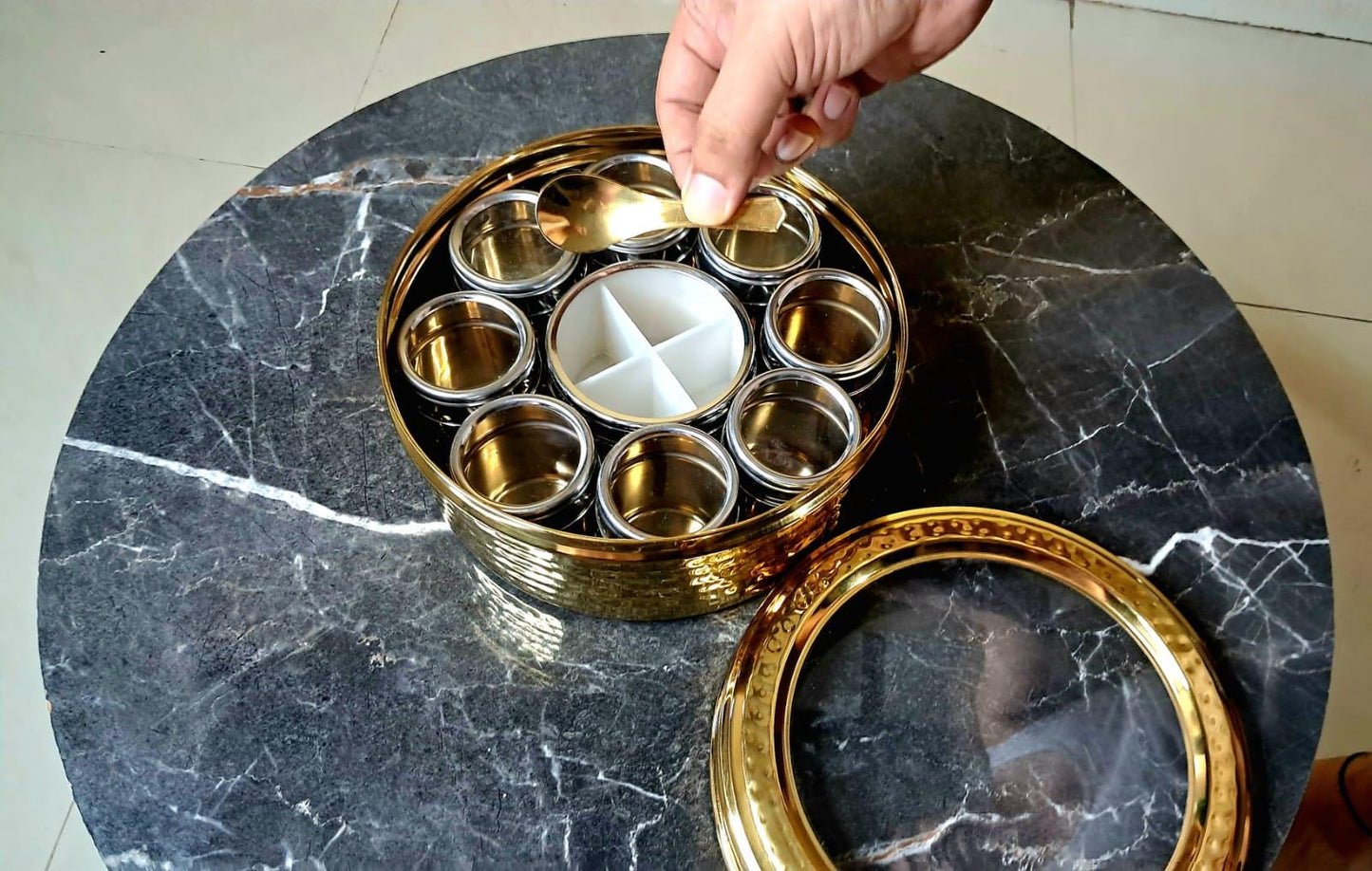 Stainless Steel Masala Dabba: 12-Compartment Indian Spice Box with Lid - KRIDHA DECOR