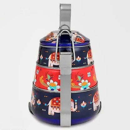 Hand Painted Stainless Steel Tiffin Lunch Box | 3 Tier Pyramid Bento Box for Adults & Kids | Eco-Friendly Traditional Indian Dabba Style