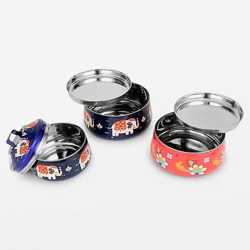 Hand Painted Stainless Steel Tiffin Lunch Box | 3 Tier Pyramid Bento Box for Adults & Kids | Eco-Friendly Traditional Indian Dabba Style