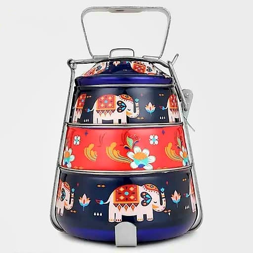 Hand Painted Stainless Steel Tiffin Lunch Box | 3 Tier Pyramid Bento Box for Adults & Kids | Eco-Friendly Traditional Indian Dabba Style