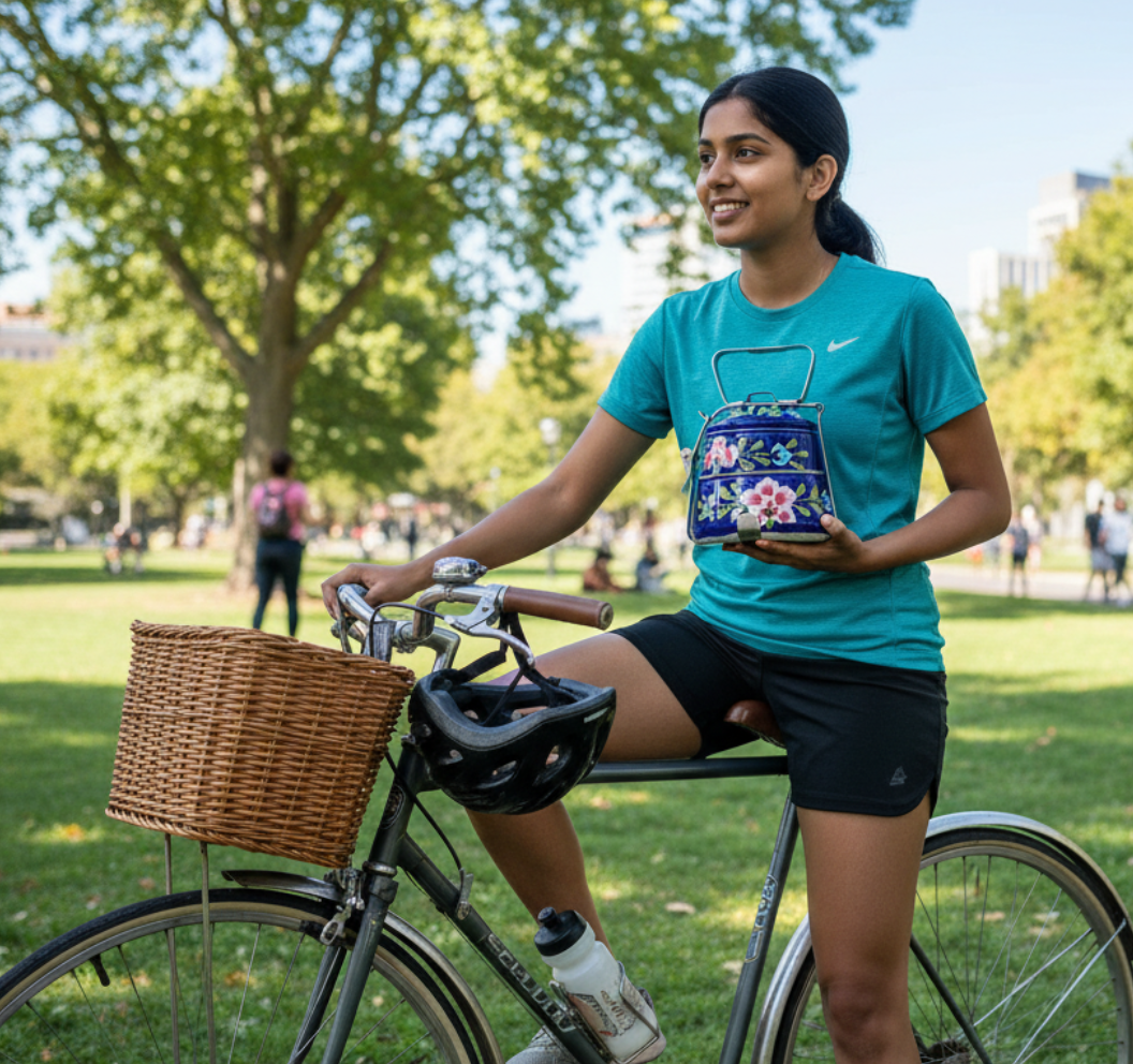 Woman sitting on a bicycle in a park with trees and people in the background