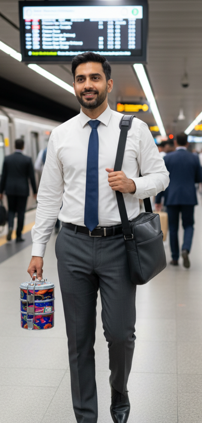 Man in formal attire with a suitcase in a subway station