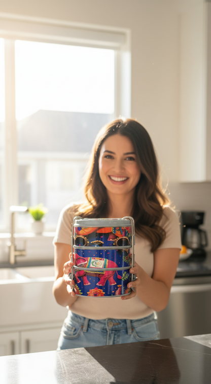 Woman holding a colorful container in a kitchen