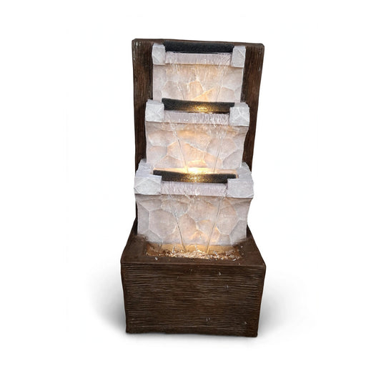 Tiered waterfall fountain with LED lights, beige and brown, on white background