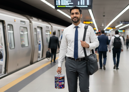 Man standing on a subway platform holding a bottle, with train and people in the background