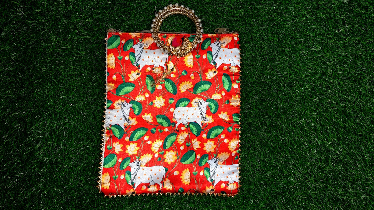 Elegant Red Lotus Cow Motif Handcrafted Pooja Bag | Festive & Spiritual Gift - 30x22 cm