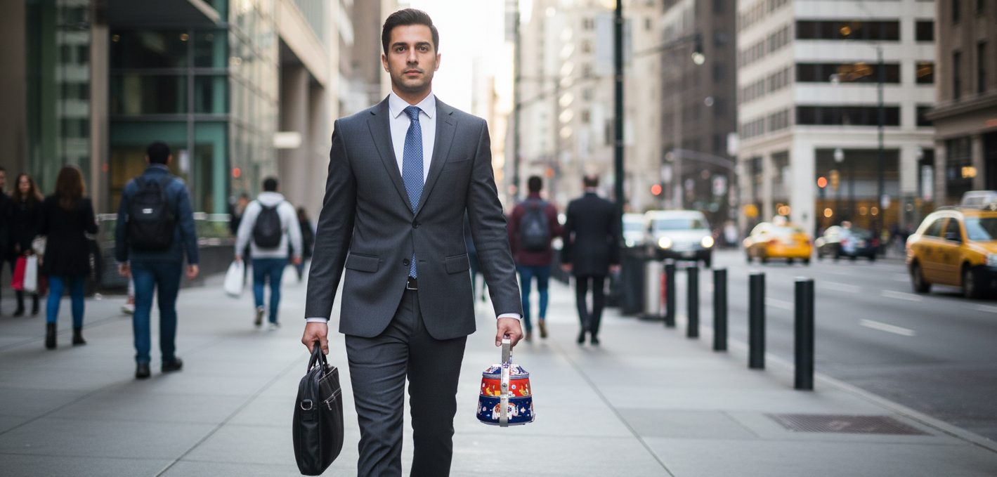 Man in a suit walking down a city street with a briefcase and bento box