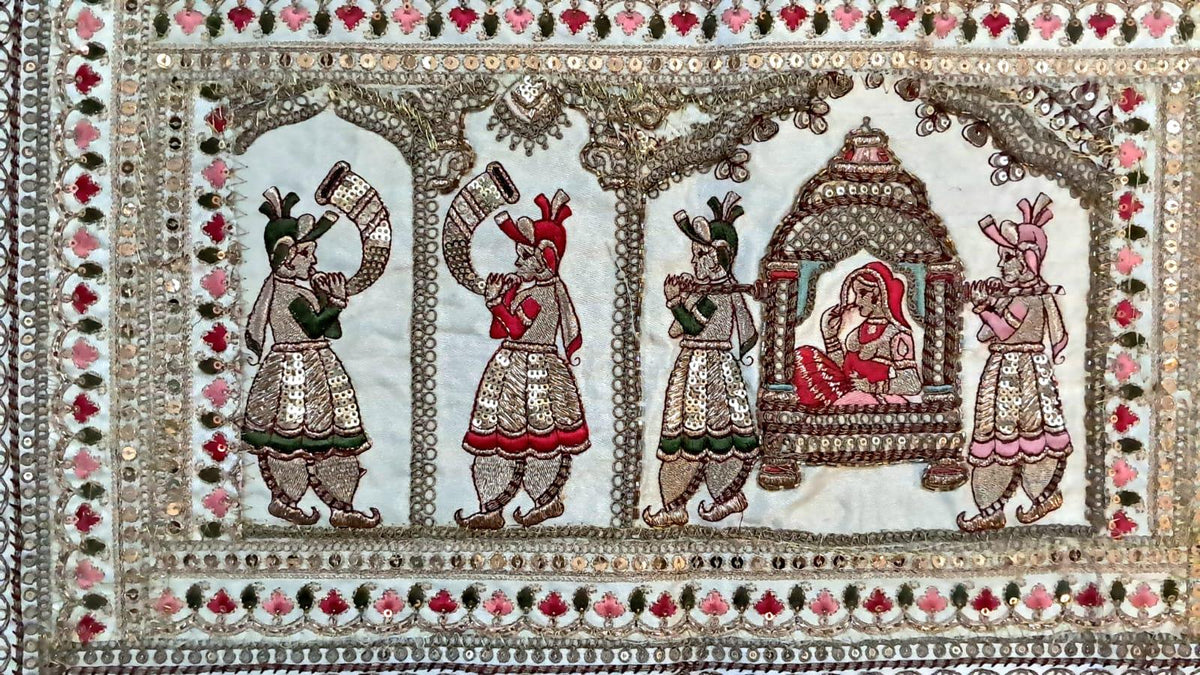 Vintage Gujarati Embroidered Wall Tapestry, Hand-Embroidered Mirror Work Ethnic Decor - KRIDHA DECOR