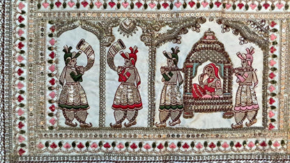 Vintage Gujarati Embroidered Wall Tapestry, Hand-Embroidered Mirror Work Ethnic Decor - KRIDHA DECOR